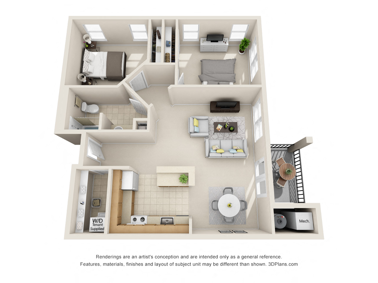 Floor plan for 2 beds, 1 bath, 1008 sqft